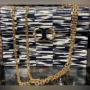 Tory Burch Black and White Crossbody Bag with Gold Chain